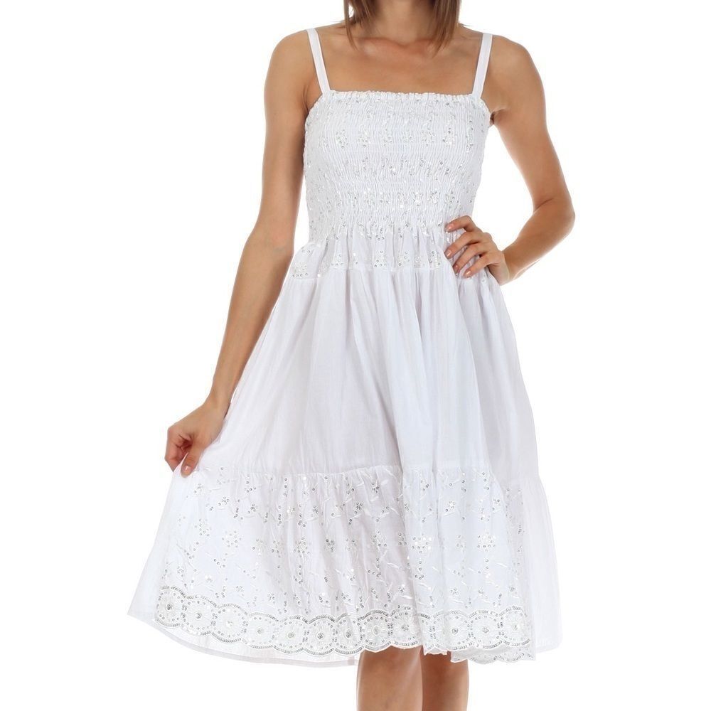 Sakkas Sequin Embroidered Smocked Bodice Knee Length Dress - White - One Size